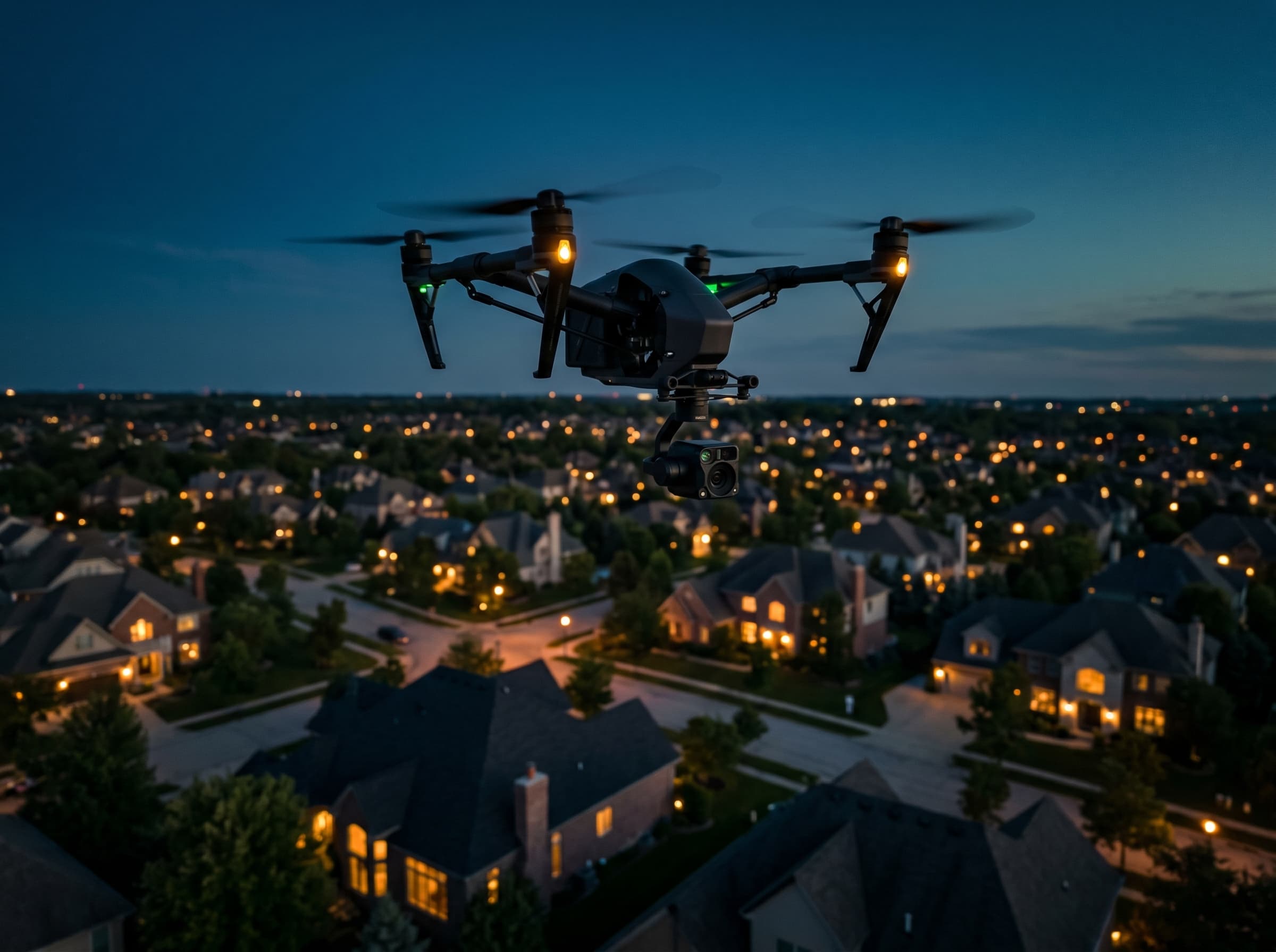 A surveillance drone holding overwatch above a street at night.