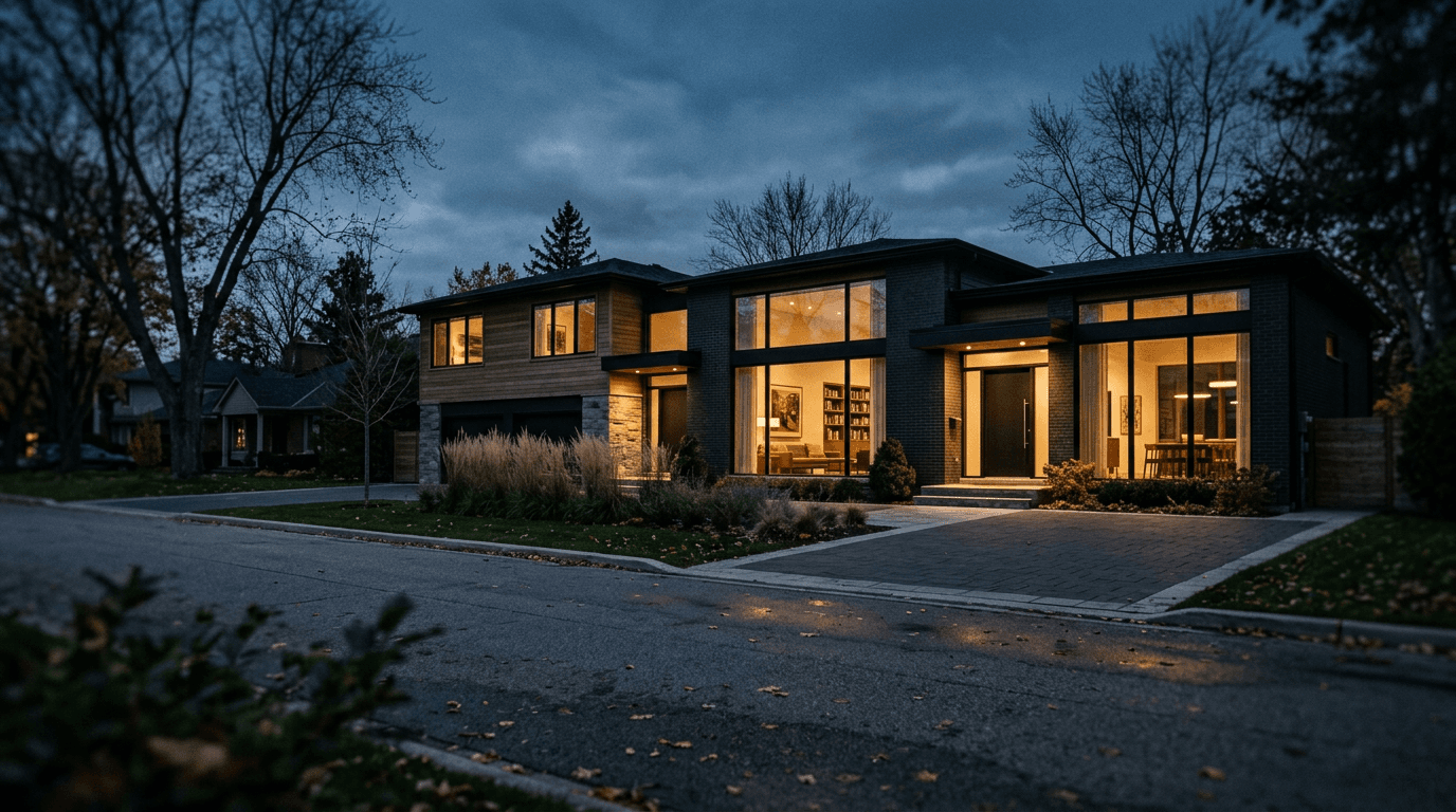 A protected home at dusk, warm light in the windows, on a quiet Ontario street.
