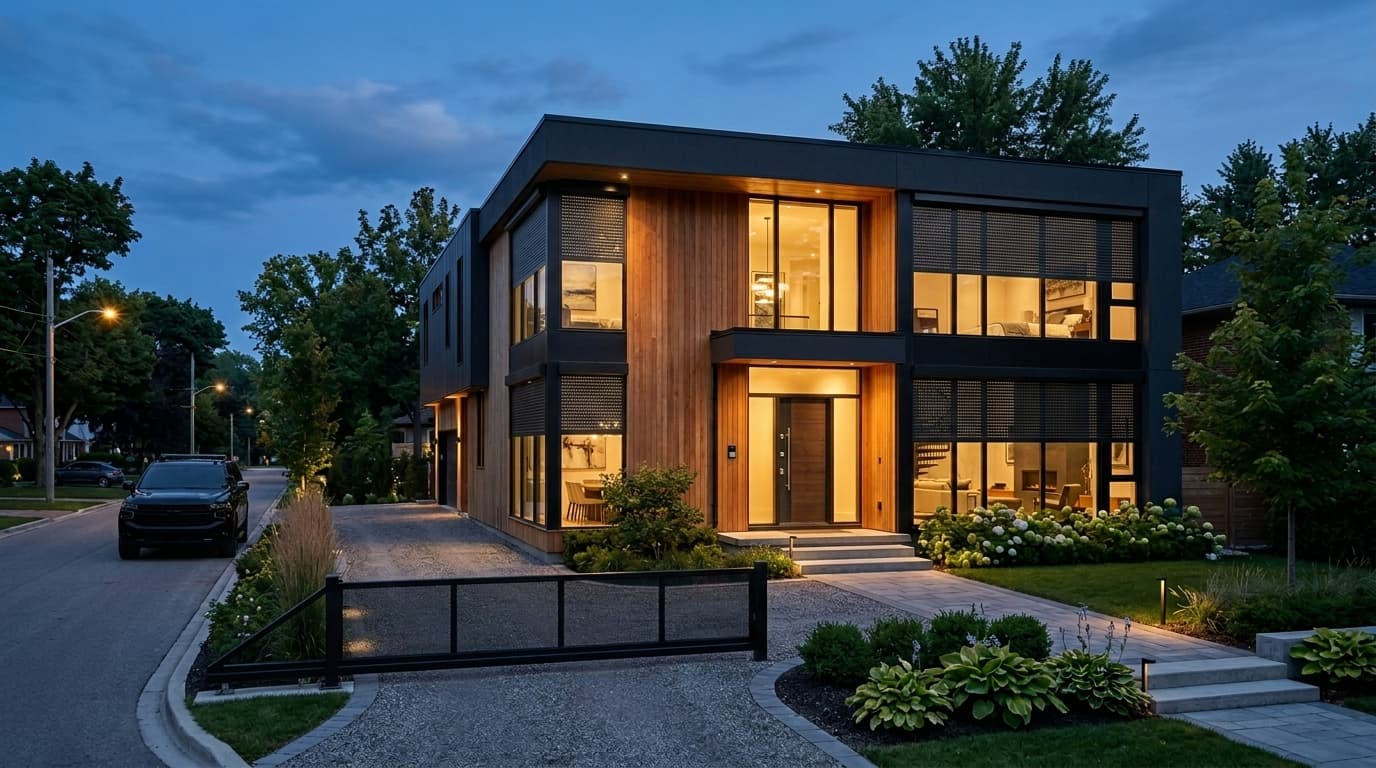 A home with security film and roller shutters protecting the glass.